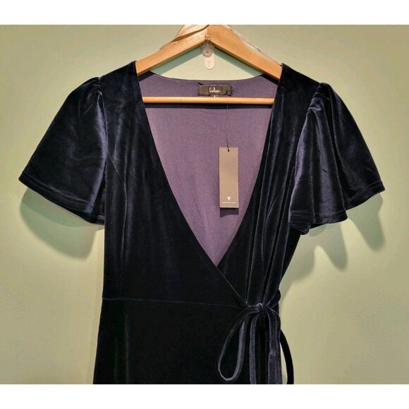 New Lulus Navy Blue Velvet Flutter Sleeve Maxi Wrap Dress Formal Bridesmaid Sz S - Picture 1 of 8